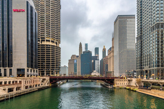 Chicago, USA - September 14, 2019 : Chicago City riverside view in USA