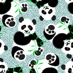 seamless vector background with panda and eucalyptus, pattern for printing on fabric or paper, cute panda chews a green branch, peas on the background © unimaginary