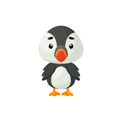 Cute little puffin on white background. Cartoon animal character for kids cards, baby shower, birthday invitation, house interior. Bright colored childish vector illustration in cartoon style.