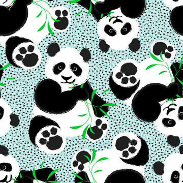 seamless vector background with panda and eucalyptus, pattern for printing on fabric or paper, cute panda chews a green branch, peas on the background