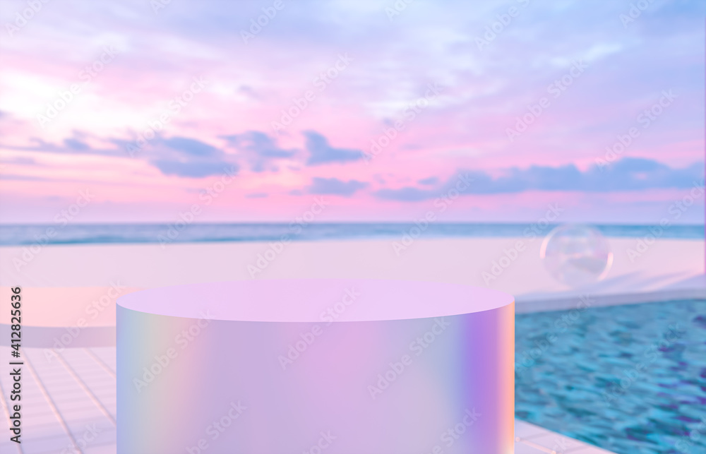 Fototapete abstract summer beach scene with a podium and swimming pool background. 3d render.