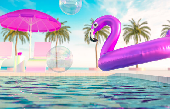 Abstract summer beach scene with pink flamingo in swimming pool background. 3d render.