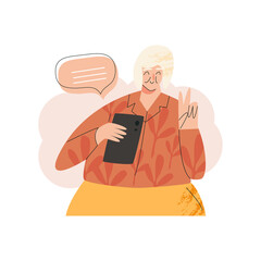 Old elderly happy senior woman with smartphone laptop device. Silver generation surfers, baby boomers communication in virtual class. Active pensioner, self-sufficiency people