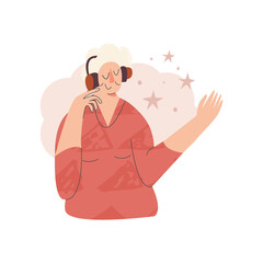 Elderly woman listen music in headphones. Well-being senior character. Aged people wellness, slow life, mental health concept. Active pensioner modern flat vector illustration