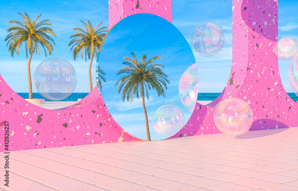 Poster abstract summer beach scene with swimming pool background. 3d render.