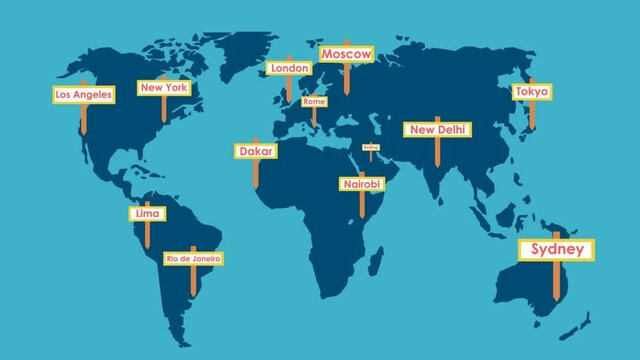 Globe with destinations, world map with famous cities. Animated illustration