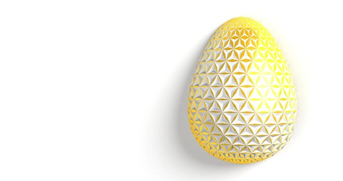 Easter concept. The surface of the golden egg with white three-dimensional three-dimensional geometric patterns of different sizes that make up the grid. 3d illustration seamless loop animation.

