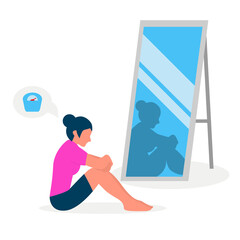 Flat vector illustration of a skinny girl with low self-esteem sitting in front of a mirror. The girl looks into her distorted reflection.