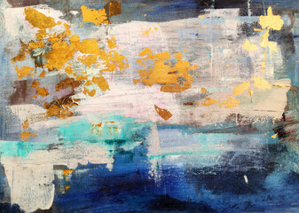 Abstract acrylic painting blue and gold