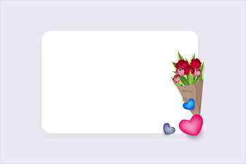 Rose bouquet flowers and hearts with square white frame. vector illustrator