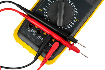professional multimeter, voltage, current, resistance meter. A device with red and black wires isolated on a white background.