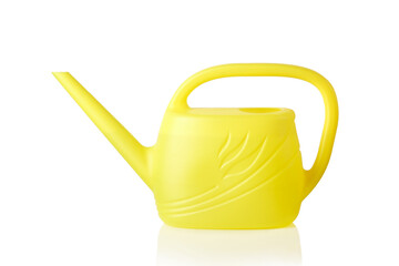 Yellow flower watering can isolated on white background