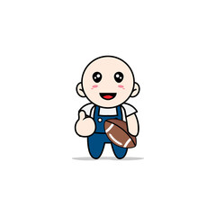 Cute mechanic character holding a rugby ball.