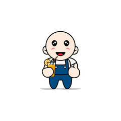 Cute mechanic character holding a cup of juice