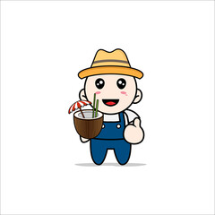 Cute mechanic character holding a coconut ice.