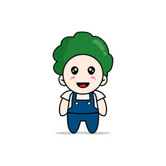 Cute mechanic character wearing broccoli costume.