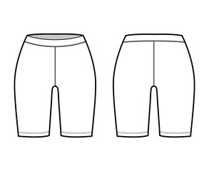 Bike shorts technical fashion illustration with low waist, rise, thigh length. Flat sport training pants, casual knit trousers apparel template front, back, white color. Women men unisex CAD mockup