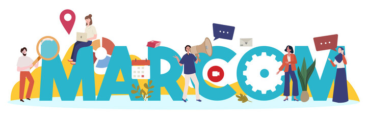 people on working promotion telemarketing searching around marcom typography with cartoon flat style