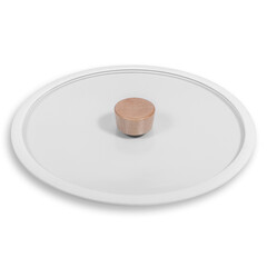 Transparent round glass lid with thin green rubber rim for frying pan. Side view isolated on white
