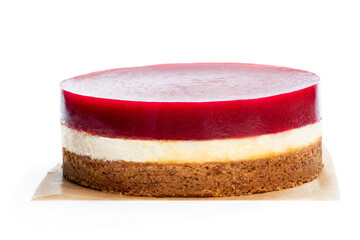 Delicious cheese cake with jellied layer on top isolated on white