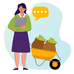 financial character woman standing beside money cart with cartoon flat style