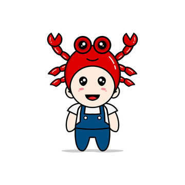 Cute mechanic character wearing crab costume.