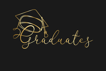 Graduation hat continuous line art style with golden text graduates. Education cap with gold font isolated on black background. Vector illustration