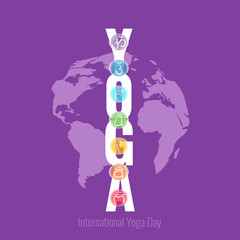 International Yoga Day celebrate 21 june. Greeting card, poster, banner, flyer, postcard concept design. Seven Chakra symbol on purple background. Vector illustration