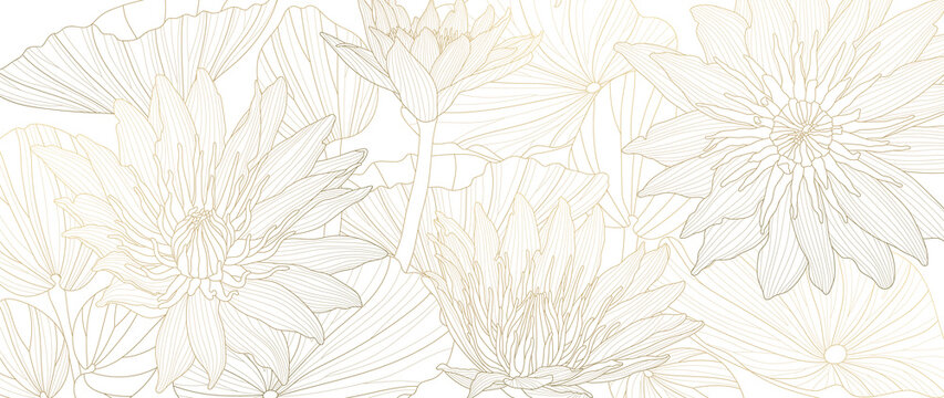 Luxury lotus background vector. Golden lotus line arts design for wall arts, fabric, prints and background texture, Vector illustration.