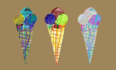 Set with colored Ice cream cones hand-drawn by pencil in kids drawing style on kraft background.
