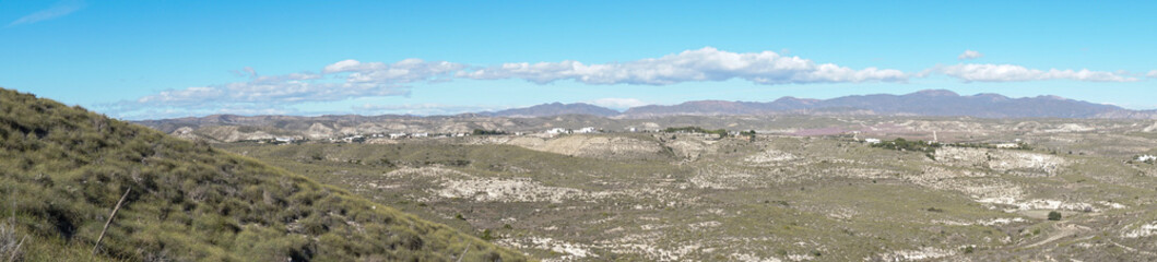 Fototapeta na wymiar panorama landscape view of the desert grasslands in the Cabo de Gata region of Andalusia