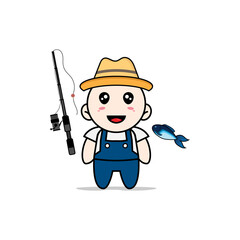 Cute mechanic character holding a fishing rod.