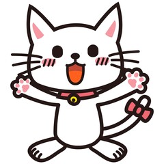 正面を向いて両手を挙げて喜ぶ白い猫
