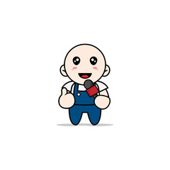 Cute mechanic character holding a microphone.