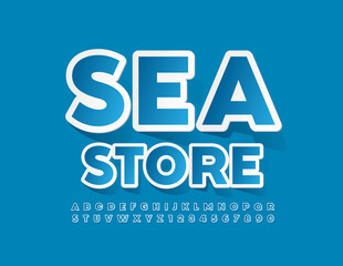 Vector creative logo Sea Store with sticker Alphabet Letters and Numbers set. Trendy style Font