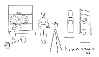 Fitness blogger. Sportswoman broadcasting vlog for followers. Athlete records video set of exercises for her subscribers. Remote workout training concept. Cartoon vector illustration