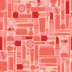 Vector seamless pattern full of makeup items. Makeup with lipstick, mascara, shadows, pencils and brushes in pink and red colors