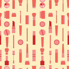 Vector seamless pattern full of makeup items aligned. Makeup with lipstick, mascara, shadows, pencils and brushes in pink and red colors