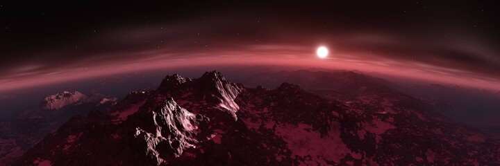 Mars, alien landscape, Mars panorama at sunrise, Mars surface from orbit, 3D rendering