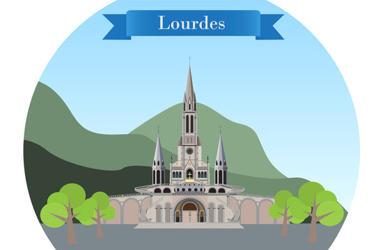 Lourdes, France. Detailed vector illustration with main landmark of the city - Rosary Basilica