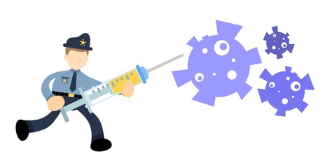 police officer cure medicine corona virus pathogen cartoon doodle flat design style vector illustration