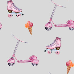 Watercolor hand painted seamless pattern with pink scooter, skates, ice cream and bubbles on grey background. Perfect for fabric, wrapping paper or scrapbooking.