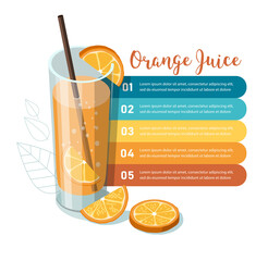 Glass of orange juice with sliced orange. Infographic template