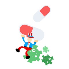 uncle sam america cure medicine corona virus pathogen cartoon doodle flat design style vector illustration