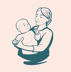 A young woman holds a small child in her arms. Mom plays and hugs the baby. A sign, a sketch drawn by hand. The logo is black and white in a vector on an isolated background.