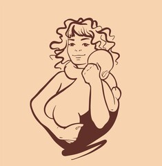 A young woman holds a small child in her arms. Mom plays and hugs the baby. A sign, a sketch drawn by hand. The logo is black and white in a vector on an isolated background.