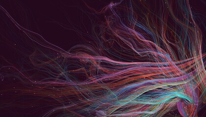 Abstract glowing pink and purple fibers on a dark background. 3D render / rendering.
