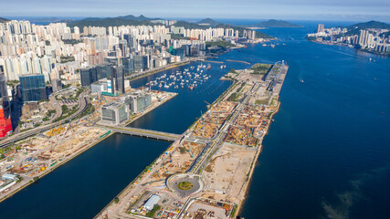 Aerial view of development of Kai Tak Airport,  Kowloon city, Hong Kong