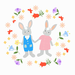Two bunnies holding hands surrounded by flowers.