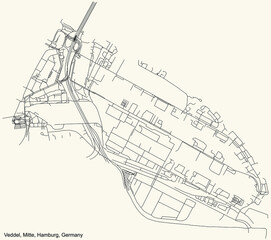 Black simple detailed street roads map on vintage beige background of the neighbourhood Veddel quarter of the Hamburg-Mitte borough (bezirk) of the Free and Hanseatic City of Hamburg, Germany